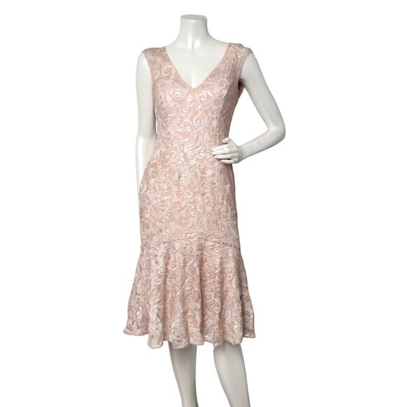 Adrianna Papell Lace Sequin Evening Dress Fit Flare Sleeveless Pink Nude - Picture 1 of 13